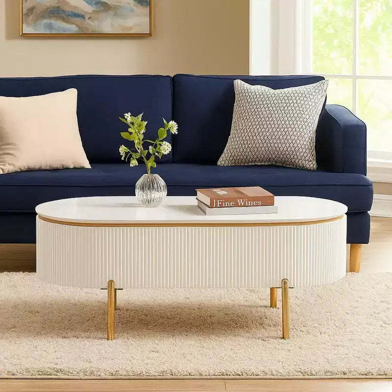 Royal Hampton Oval Coffee Table with Drawer, 47 Inch, Glossy White, Gold Metal