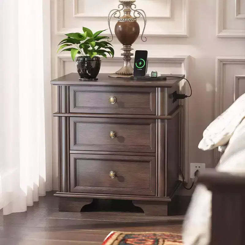 VINGLI 24 W Nightstand with Charging Station, Wood Nightstand with Textured Drawers