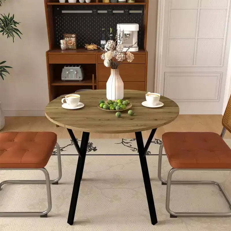 Farmhouse Round Dining Table for 2-4, Modern Wood Kitchen Table with Metal Legs for Dining Room, Living Room, or Office