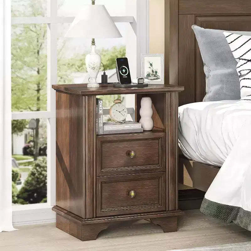 VINGLI 19.7 Nightstand with Charging Station, Wood Nightstand with Drawers, Night Stand for Bedroom