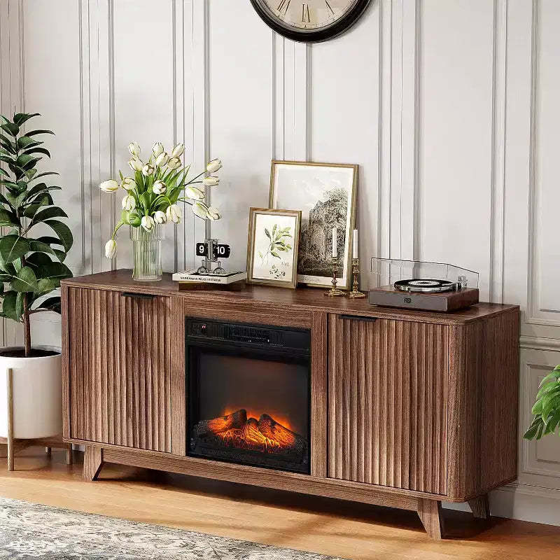 VINGLI Fluted Fireplace TV Stand for up to 70 inch TVs, Entertainment Center with Electric Fireplace Heater & Adjustable Shelves