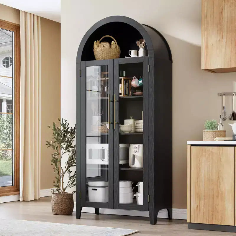 63.2 Arched Kitchen Pantry Storage Cabinet - Farmhouse 5 Tier Display Shelf with 2 Large Glass Doors, for Kitchen, Dining Room, Living Room