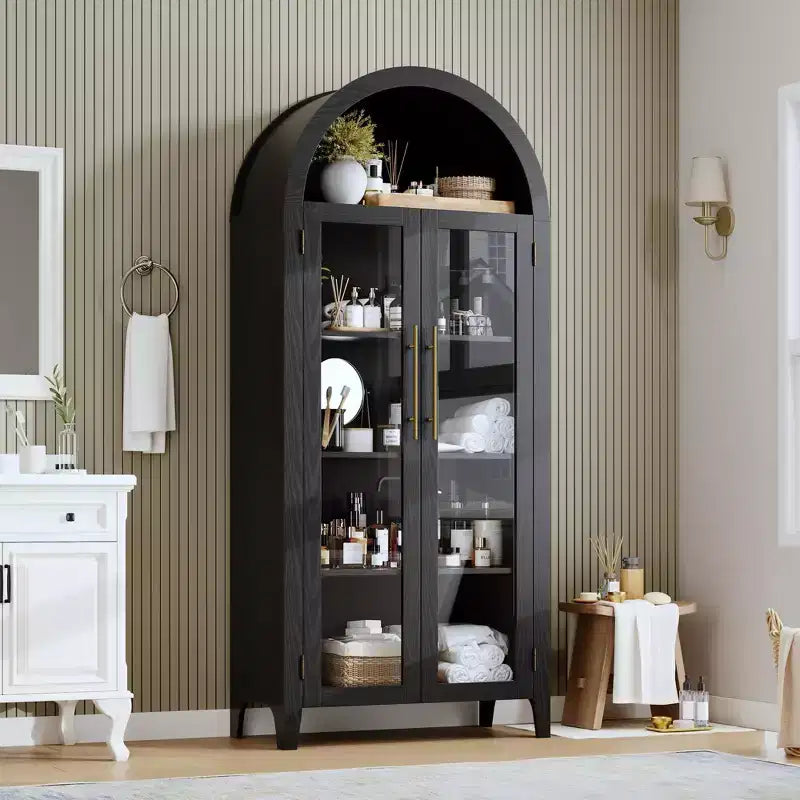 Arched Farmhouse 5-Tier Kitchen Pantry Storage Cabinet with 2 Glass Doors & Adjustable Shelf, Display Cupboard for Kitchen, Dining Room & Living Room