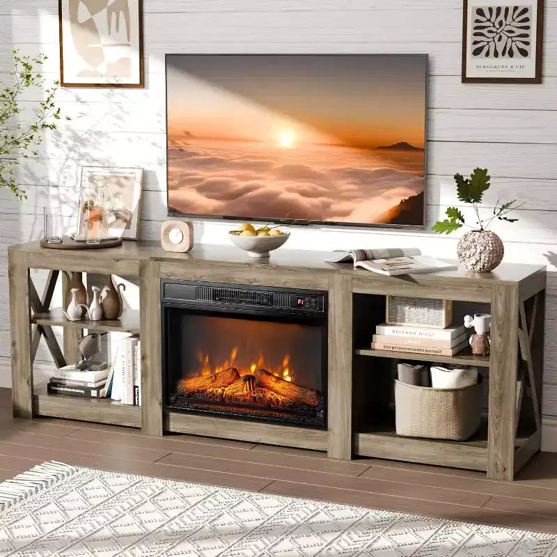 VINGLI Fireplace TV Stand for up to 80 inch TVs, Farmhouse Entertainment Center with Electric Fireplace Heater & Adjustable Shelves