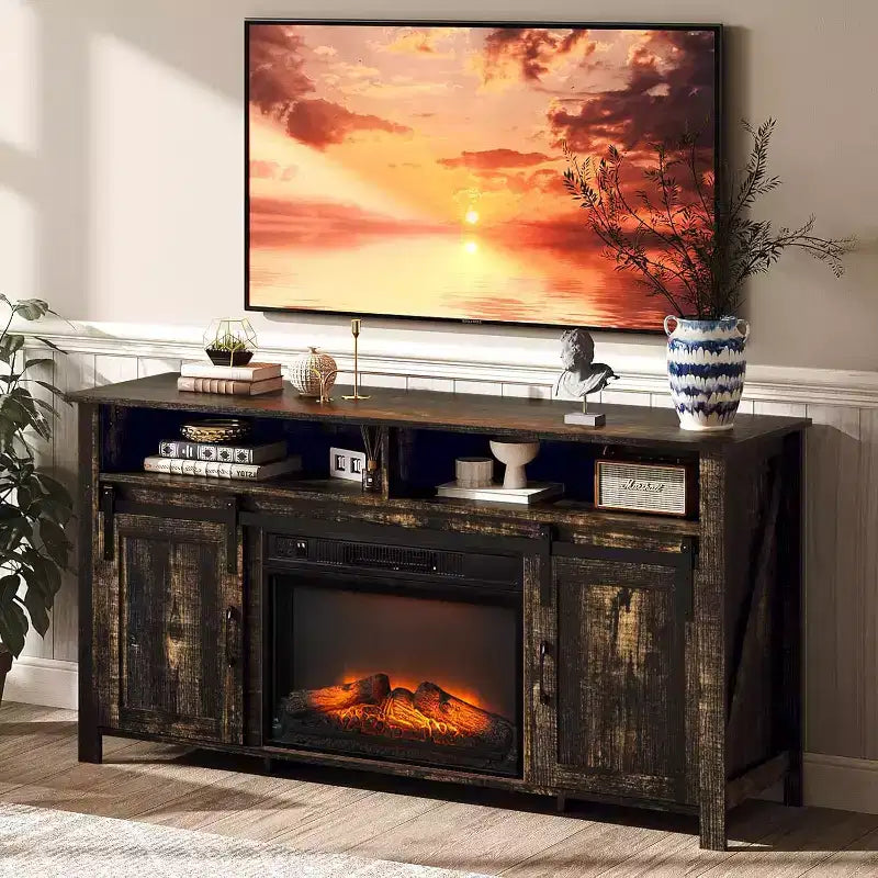 VINGLI Fireplace TV Stand with Sliding Barn Door for 70 Inch TV, Farmhouse Entertainment Center with 23 Fireplace