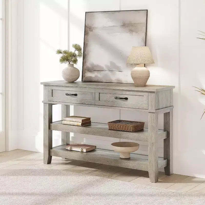 3-Tier Console Table, 47 Retro Entryway Table with 2 Storage Drawers ,Narrow Wooden Sofa Table with Open Shelf for Living Room, Foyer, Hallway