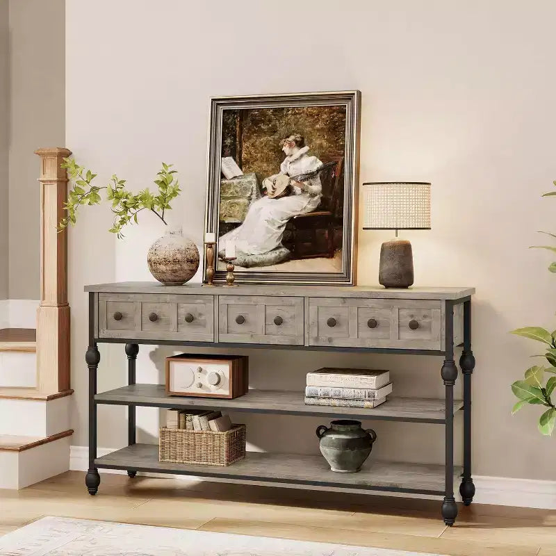 52 Console Table, Entryway Table with 3 Storage Drawers,3 Tier Industrial Console Tables with Storage for Entryway, Hallway, Living Room