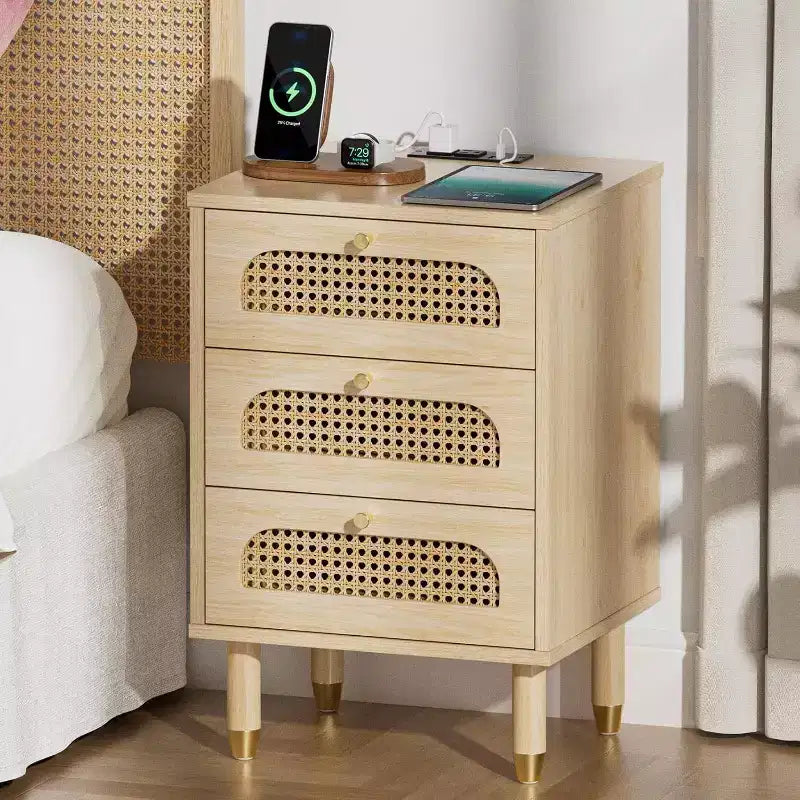 VINGLI Nightstand, Rattan Night Stand 3 Drawer Bed Side Table, Boho End Table