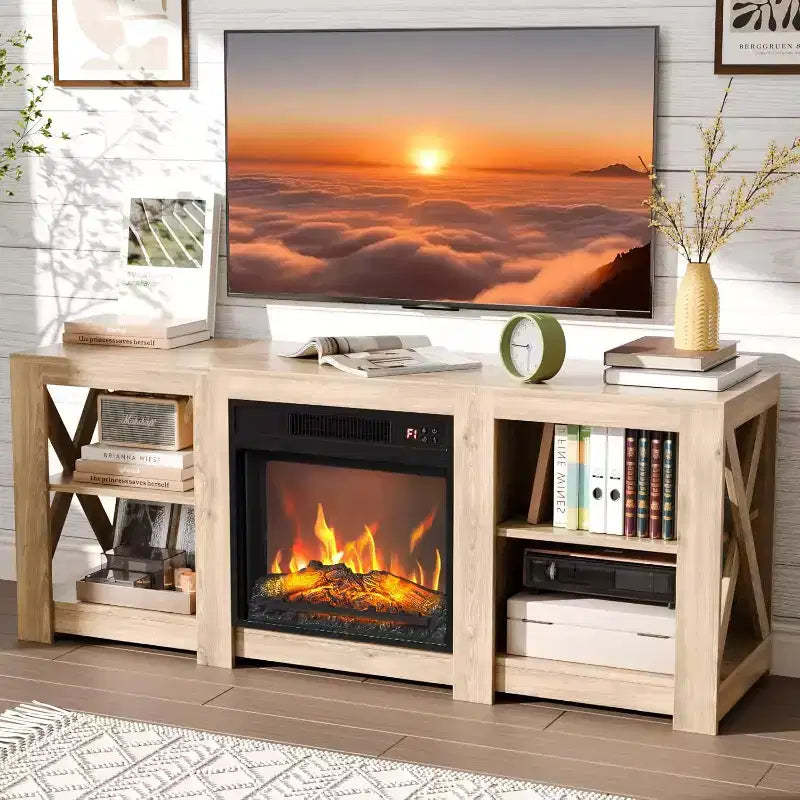 VINGLI Fireplace TV Stand for up to 70 inch TVs, Farmhouse Entertainment Center with Electric Fireplace Heater & Adjustable Shelves