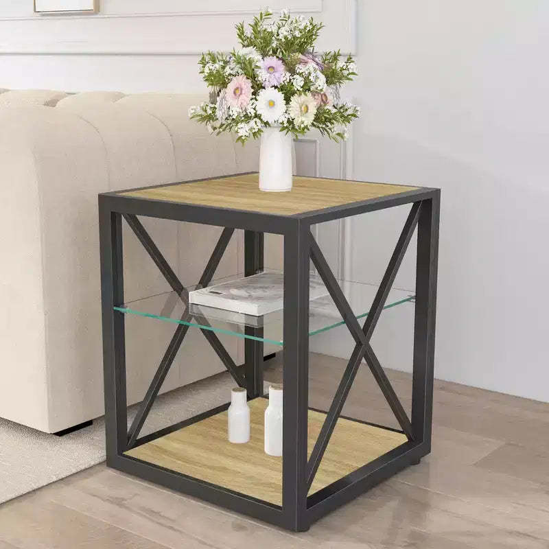 Okak Modern End Table with Metal Frame, Industrial Side Table with Tempered Glass Shelf, Couch Table for Living Room, Bedroom