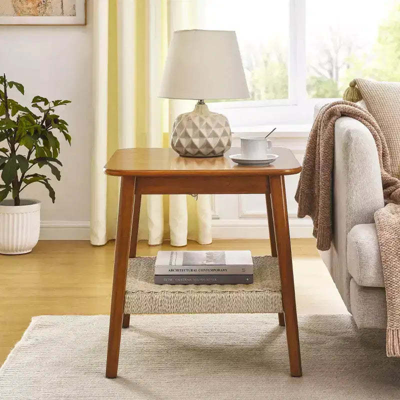 Okak Mid-Century End Table with Woven Shelf, Boho Narrow Side Table with Wooden Legs, Accent Table for Couch, Living Room, Office, Bedroom