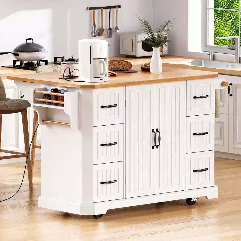 Okak Kitchen Cart with Rubberwood Veneer Drop Leaf, Countertop Organizer with Power Outlet, 4 Door Shelves and 6 Deep Drawers for Kitchen