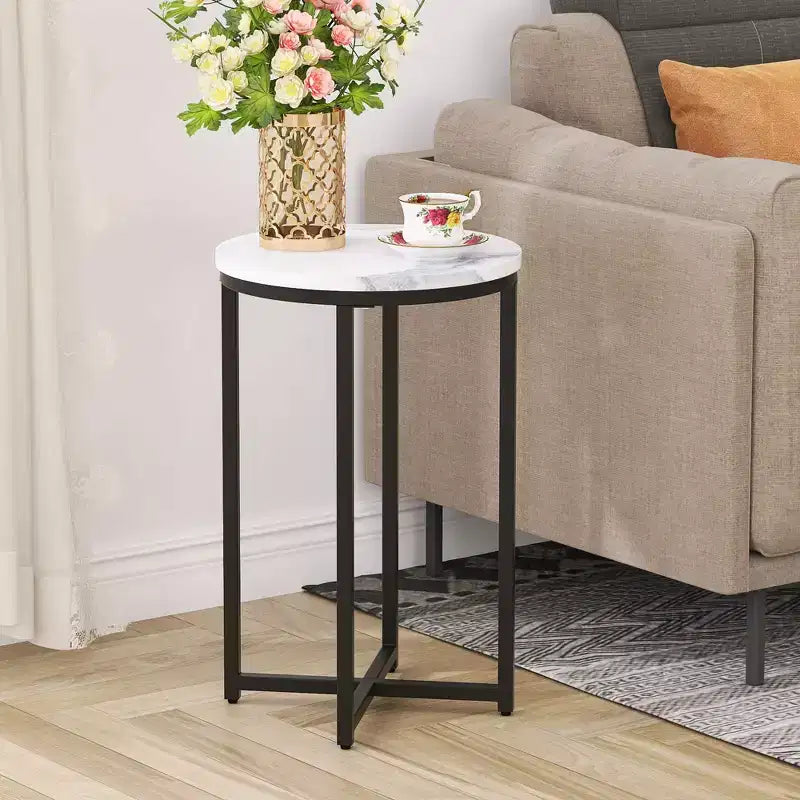 Okak Modern End Table with Faux Marble Pattam Tabletop, Round Side Table with Criss-Cross Metal Frame, Couch Table for Living Room, Black