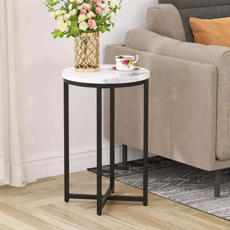 Okak Modern End Table with Faux Marble Pattam Tabletop, Round Side Table with Criss-Cross Metal Frame, Couch Table for Living Room, Black