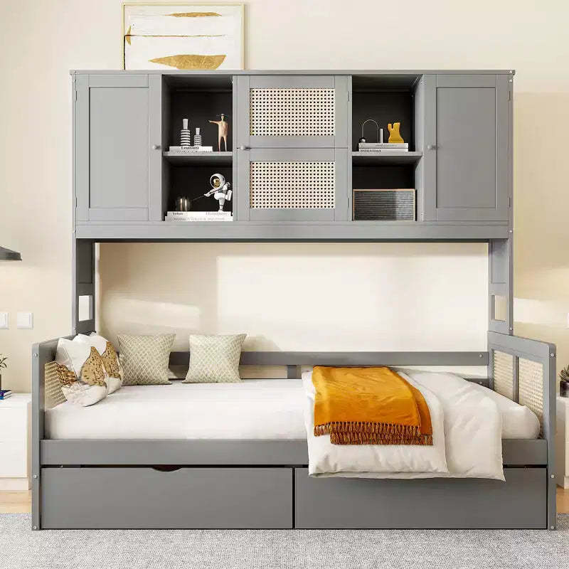 Twin/Full Daybed with and Storage Bookcase, Wooden Day Bed with Storage Cabinets Shelves