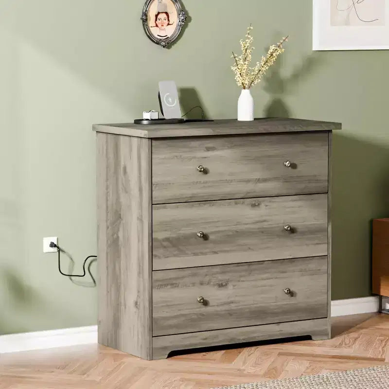VINGLI Dresser with Charging Station, 3 Drawer Wood Dresser, Gray Dresser, Chest of Drawers Dresser