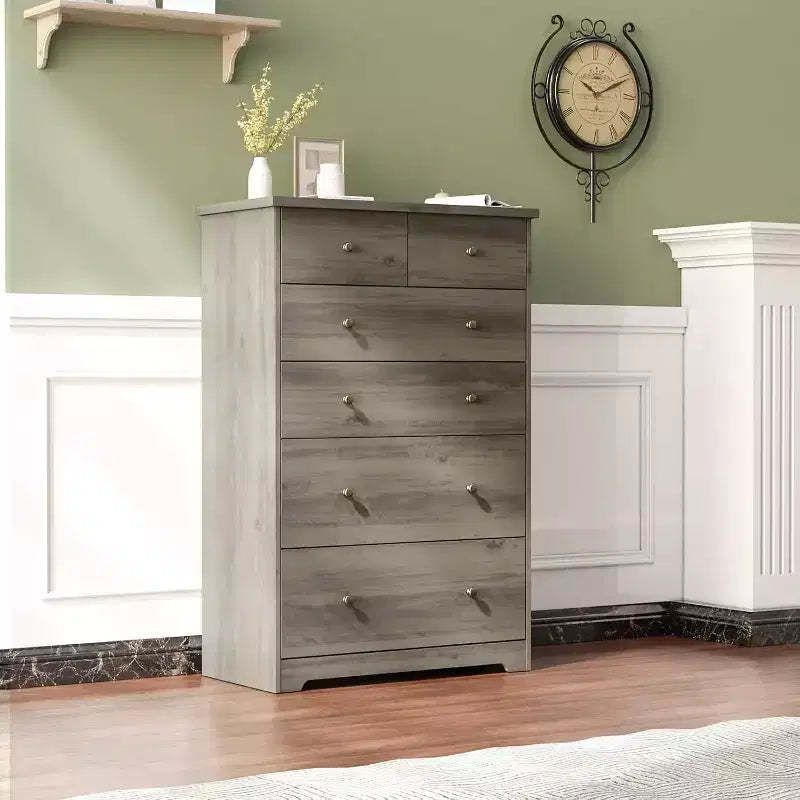 VINGLI Tall Dresser Chest of Drawers, Grey Dresser 6 Drawer Chest, Wood Gray Dressers for Bedroom