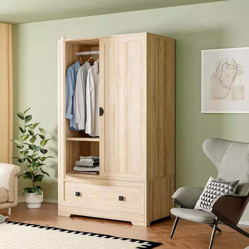 VINGLI Armoire Wardrobe Closet With Doors, Hanging Rod, Shelves and Drawer