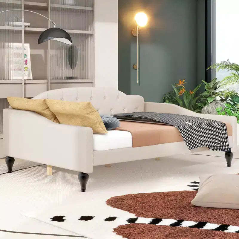 Full Size Upholstered Daybed, Linen Sofa Bed with Button Tufted Backrest for Bedroom Living Room Guest Room, Beige