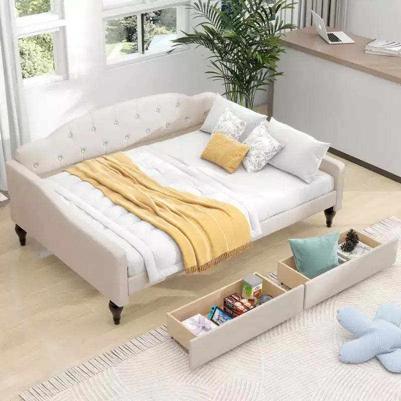 FAMYYT Full Size Upholstered Tufted Daybed with Two Drawers, Easy Assembly
