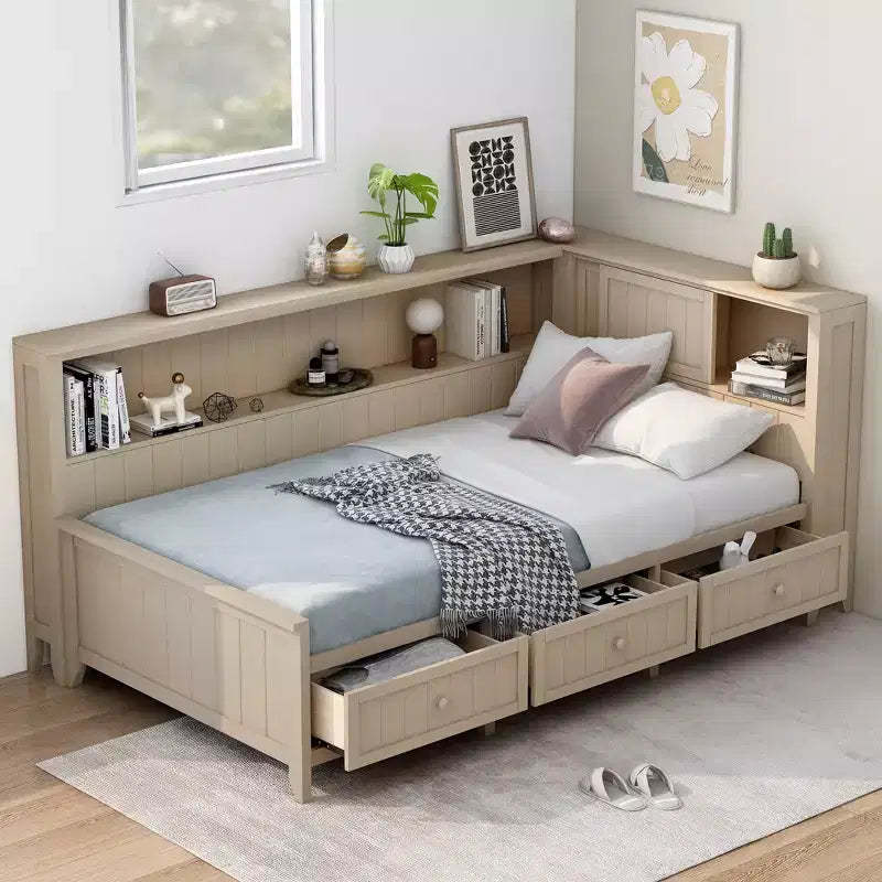 Wooden Storage DayBed, Platfrom BedFrame with Shelves and 3 Drawer & Sliding Doors, L Shape Corner Bed w/Storages, Antique White