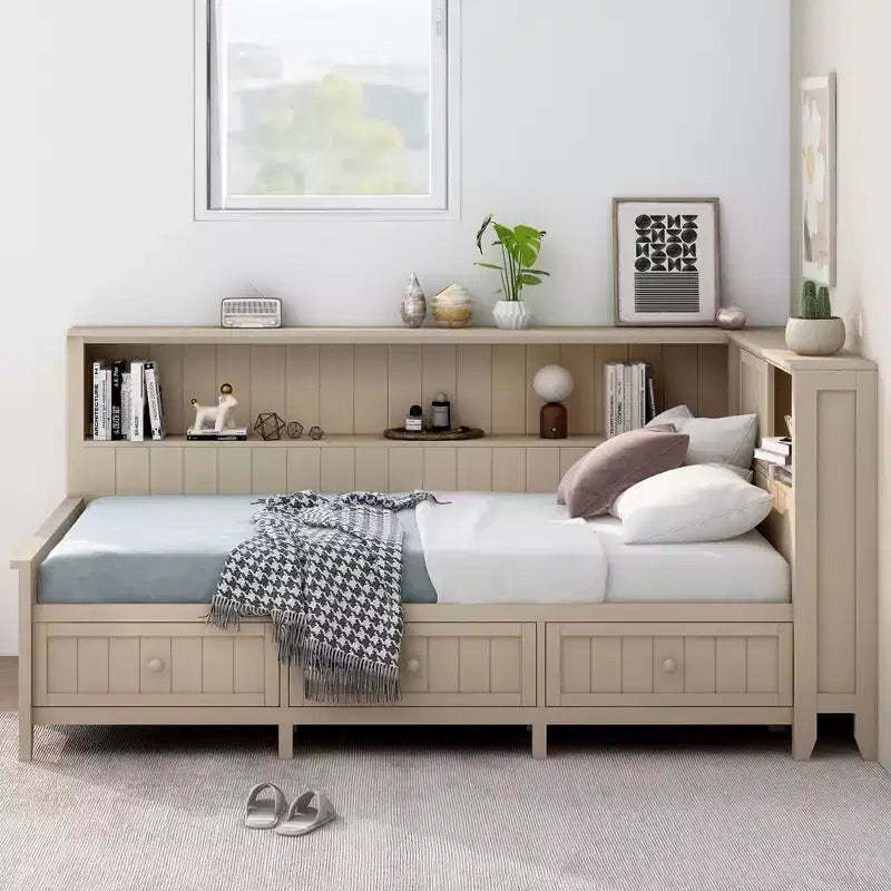 GDFStudio Simmons Wood Daybed with Storage Shelves and 3 Drawers