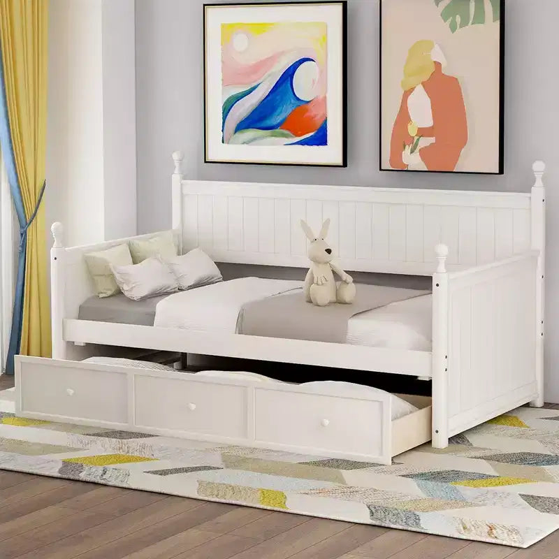 Twin Size Bed Daybed with Storage Three Drawers , Wood Twin Size Daybed Frame for Bedroom, White