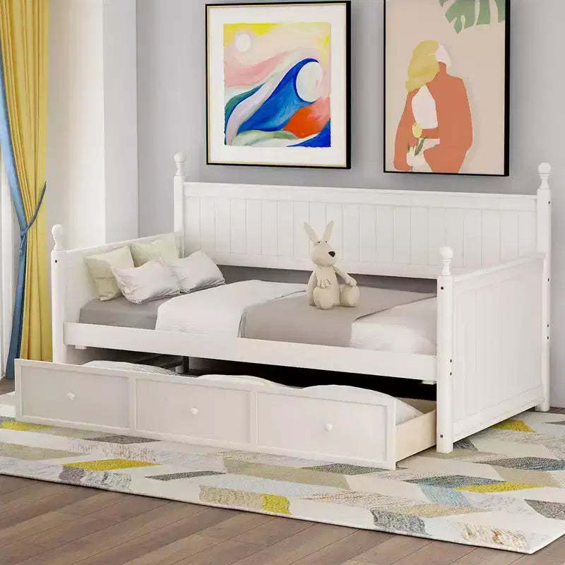 Twin Size Bed Daybed with Storage Three Drawers , Wood Twin Size Daybed Frame for Bedroom, White