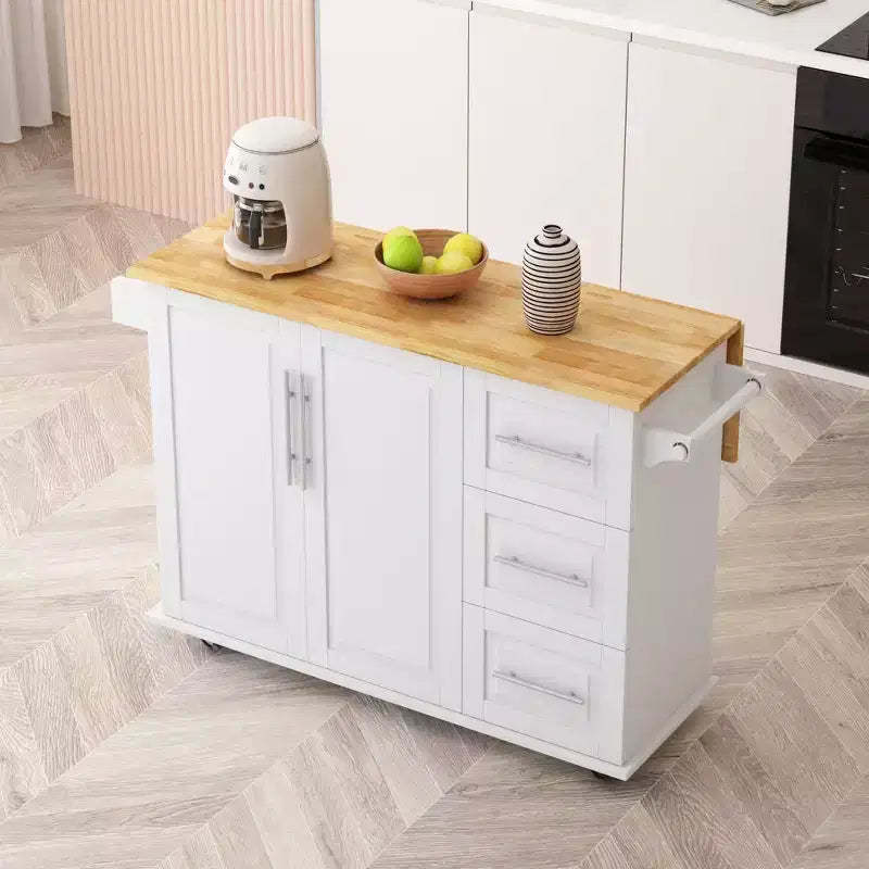 Okak Modrn Kitchen Island with Drop-Leaf Countertop & Drawers,Mobile Rolling Kitchen Cart with Racks,Storage Cabinet Folding Dining Table