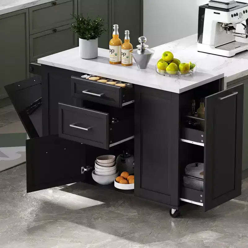 Okak Modrn Kitchen Island with Drop Leaf & Pull Out Trash,Rolling Kitchen Cart with Wheels & Drawers,Storage Cabinet Folding Dining Table