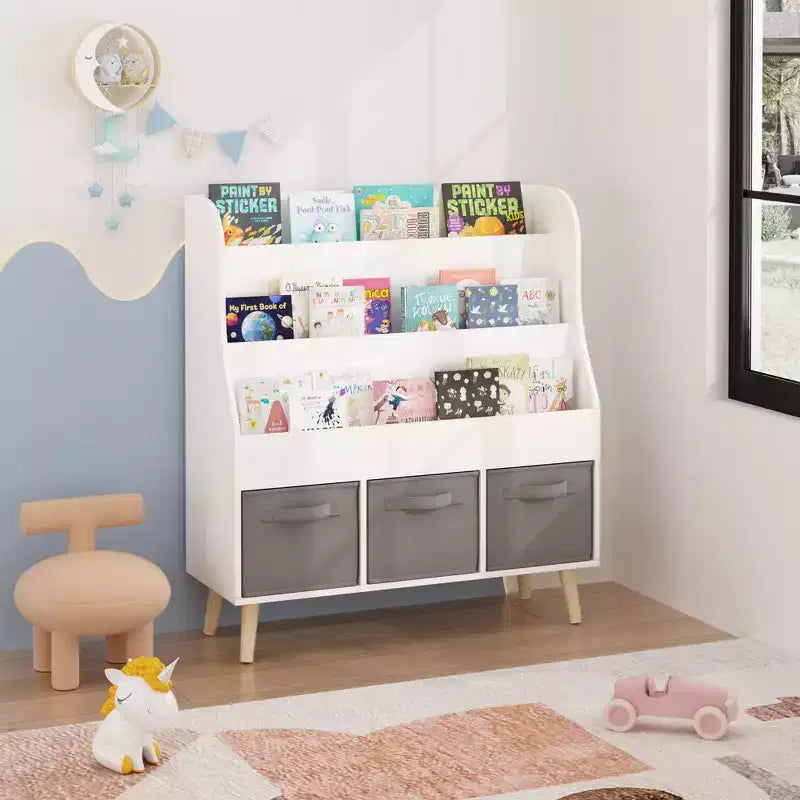Whisen Kids Bookshelf with 3 Fabric Storage Bins, Book Display Organizer, Front-Facing Book Rack with Pine Legs - White