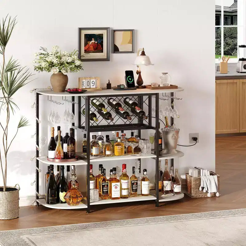 Home Bar Cabinet for Liquor,Bar Cart with Power Outlet, Metal Mini Bar Table with 4-Tier Storage, Wine Racks with Glass Holder Mini Bars for Home