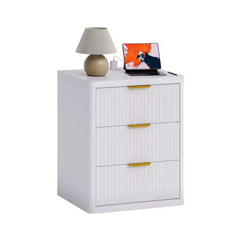 Mid Century Modern End Table, Bedside,3 Drawers Storage Space,Nightstand with Charging Station, Metal Handles and Rounded Corners,Bedroom, Living