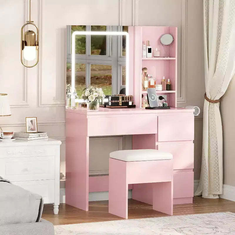 Makeup Vanity Desk with Lighted Mirror, Dressing Table Set with 4 Drawers, Pink