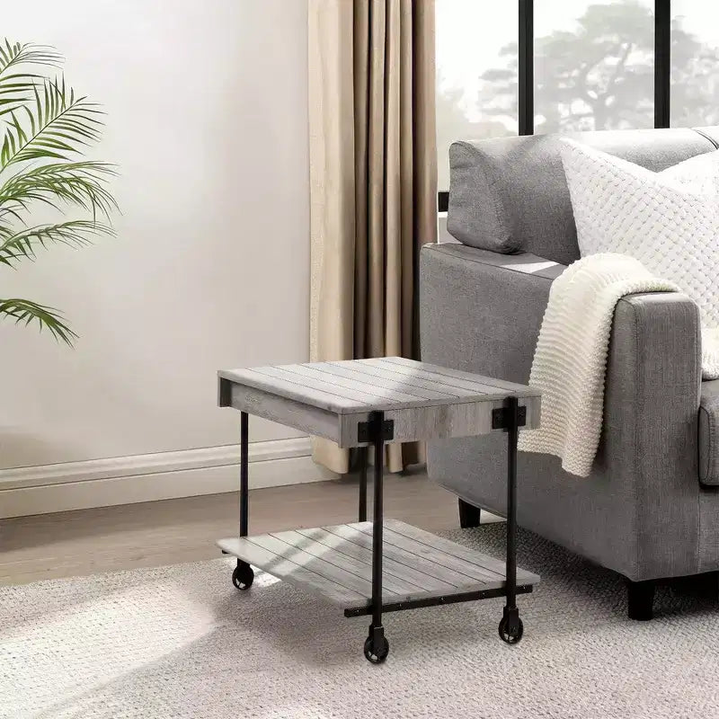 Royal Hampton 24 Inch Side End Table, Plank Design, Caster Wheels, Brown, Black