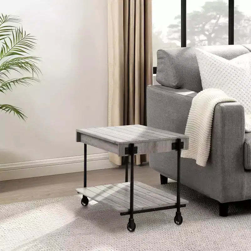 Royal Hampton 24 Inch Side End Table, Plank Design, Caster Wheels, Brown, Black