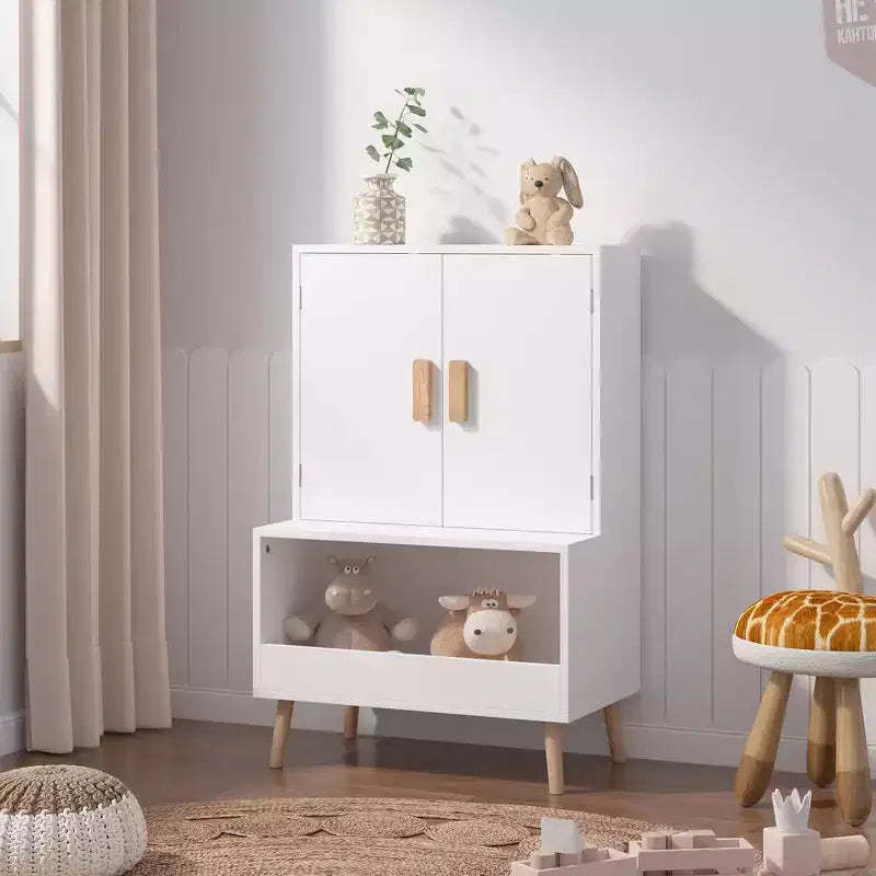 Whisen Kids Toy Storage Cabinet with Doors and Open Shelf, Modern Organizer with Natural Wood Legs - White