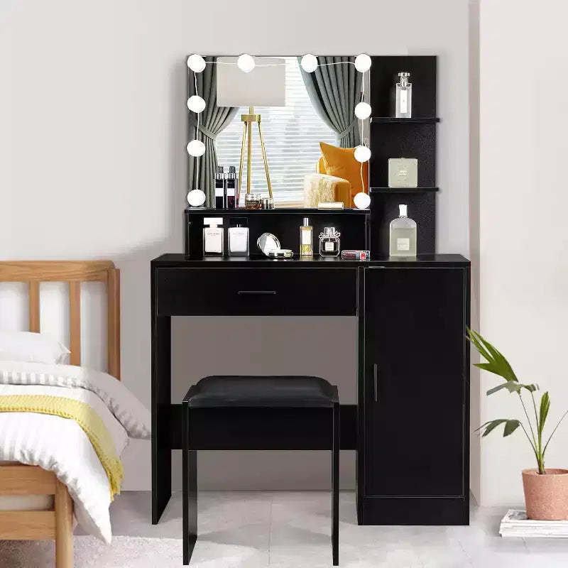 VINGLI Vanity Desk with Mirror and Lights, Makeup Vanity with Drawers and Stool for Bedroom, Black