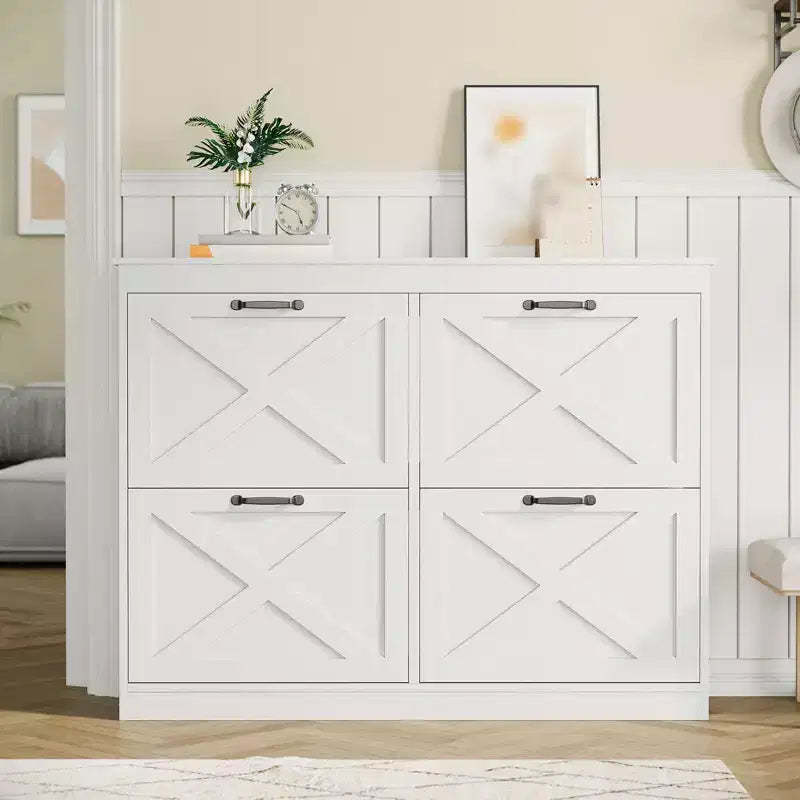 Shoe Storage Cabinet with 4 Flip Drawers, Freestanding Hidden Shoe Organizer, Wooden Shoe Rack Cabinet for Hallway Living Room Apartment