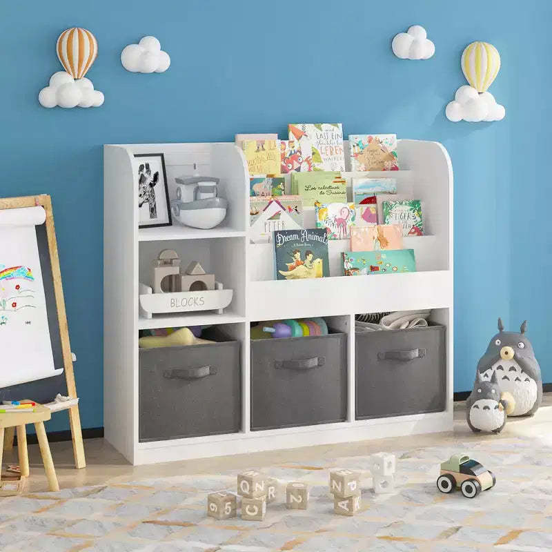 JVNOXK-Children's Bookcase and Shelving Unit, Multi-Functional Bookcase with 3 Foldable Fabric Drawers, Display Shelf, Storage Rack (White/Gray)