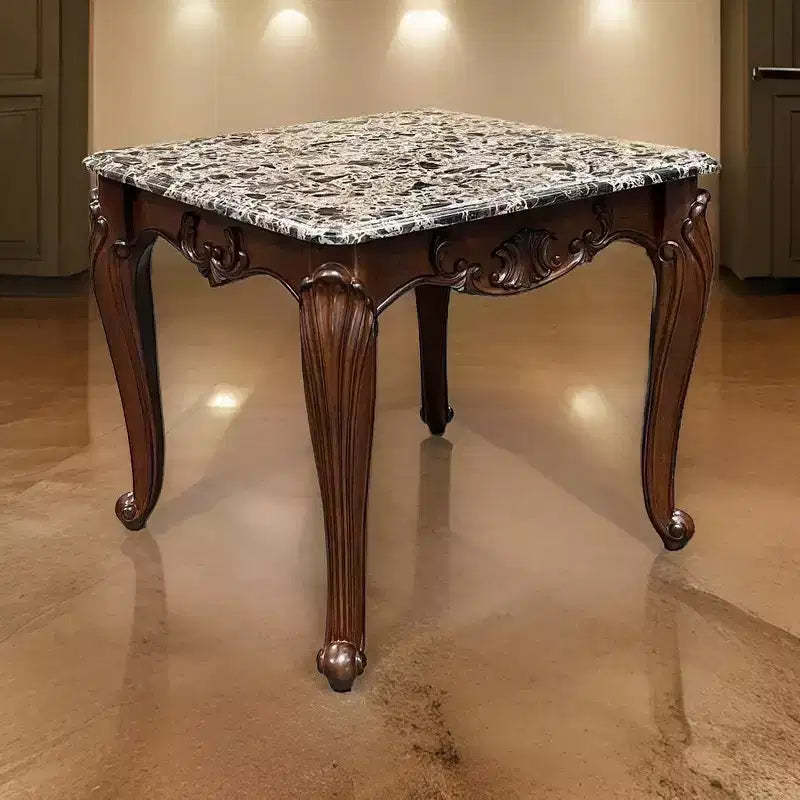 Royal Hampton Side End Table, Rectangular 28 Inch Marble, Cherry Brown Wood