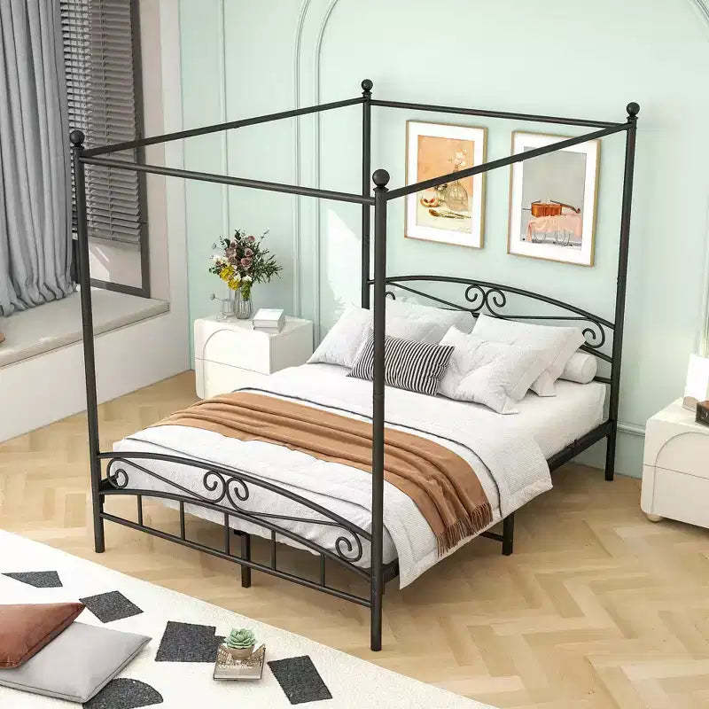 GDFStudio Bordero Canopy Metal Bed Frame with Vintage Headboard and 12.4 Under-Bed Storage