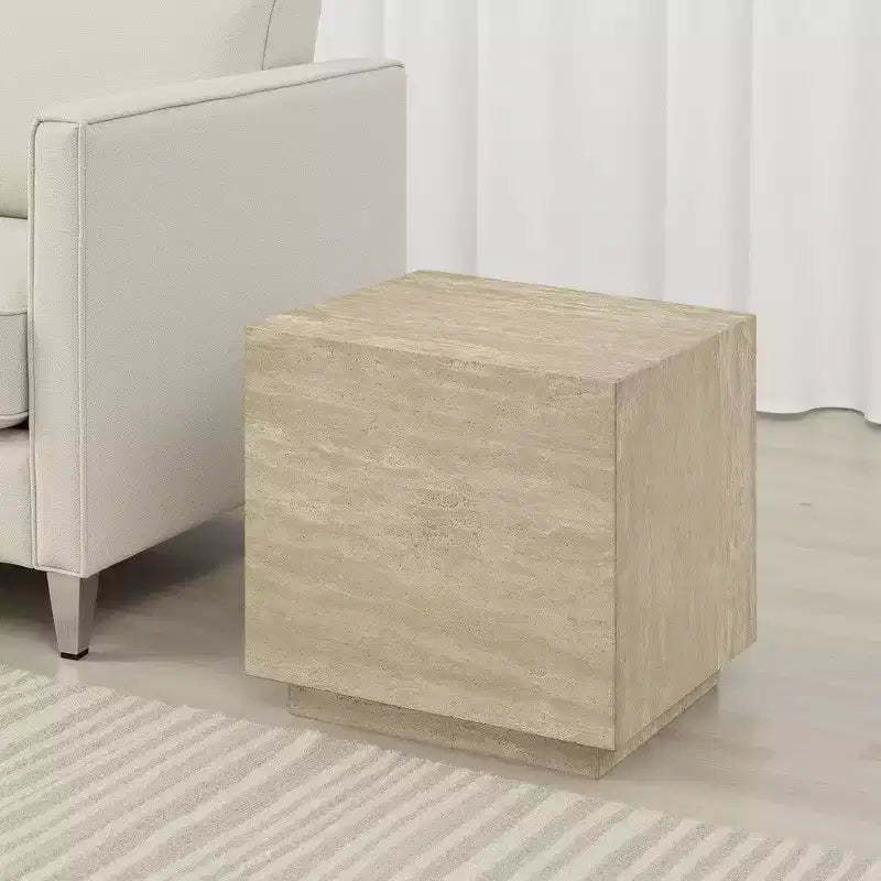 Royal Hampton Side End Table, 19 Inch Square Travertine Top, Natural Wood Beige