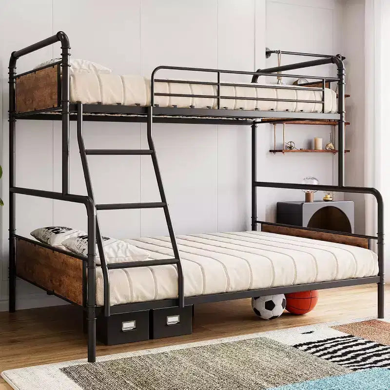 Acekool Retro-Colored Metal Twin Over Full Bunk Bed, Heavy-Duty Steel Frame with High Guardrails, Convertible Design for Kids, Teens & Adults,Brown