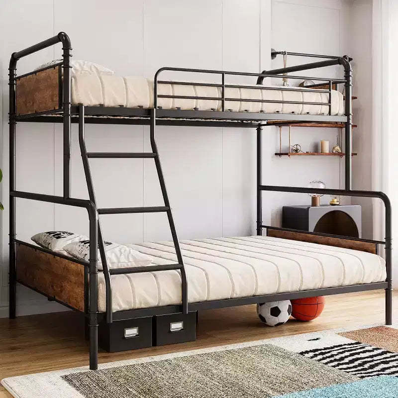 Acekool Retro-Colored Metal Twin Over Full Bunk Bed, Heavy-Duty Steel Frame with High Guardrails, Convertible Design for Kids, Teens & Adults,Brown