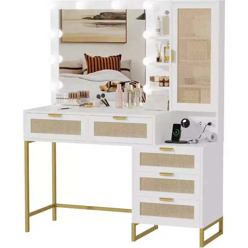 Vanity Desk with Mirror and Lights, Vanity Desk with Power Outlet, 5 Drawers Makeup Table