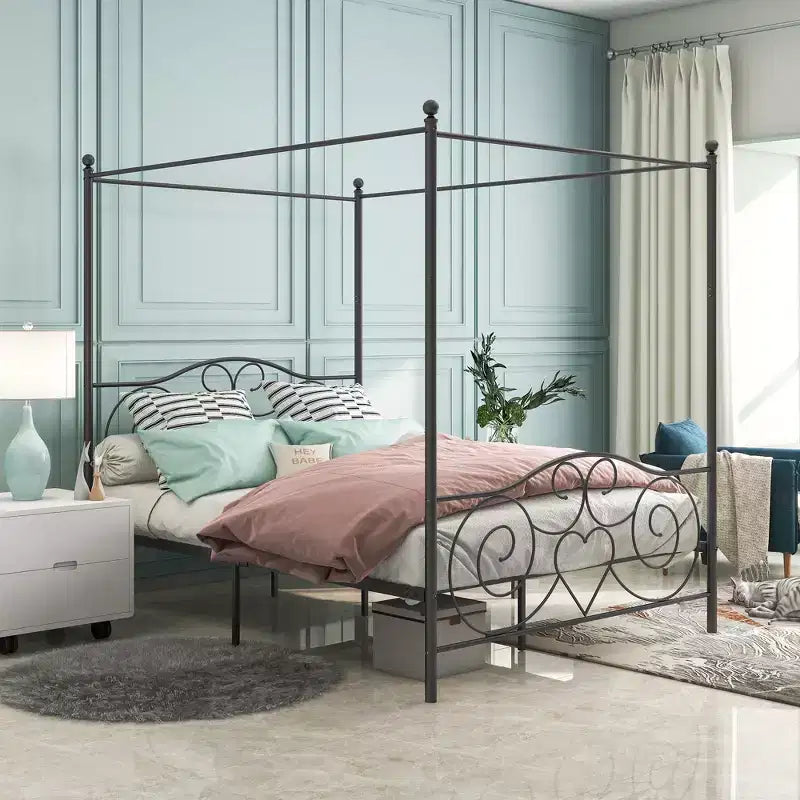 GDFStudio Rubie Queen Size Metal Canopy Bed Frame with Vintage Headboard