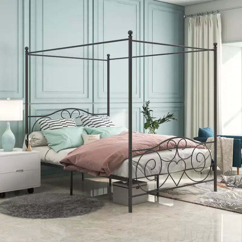 GDFStudio Rubie Queen Size Metal Canopy Bed Frame with Vintage Headboard
