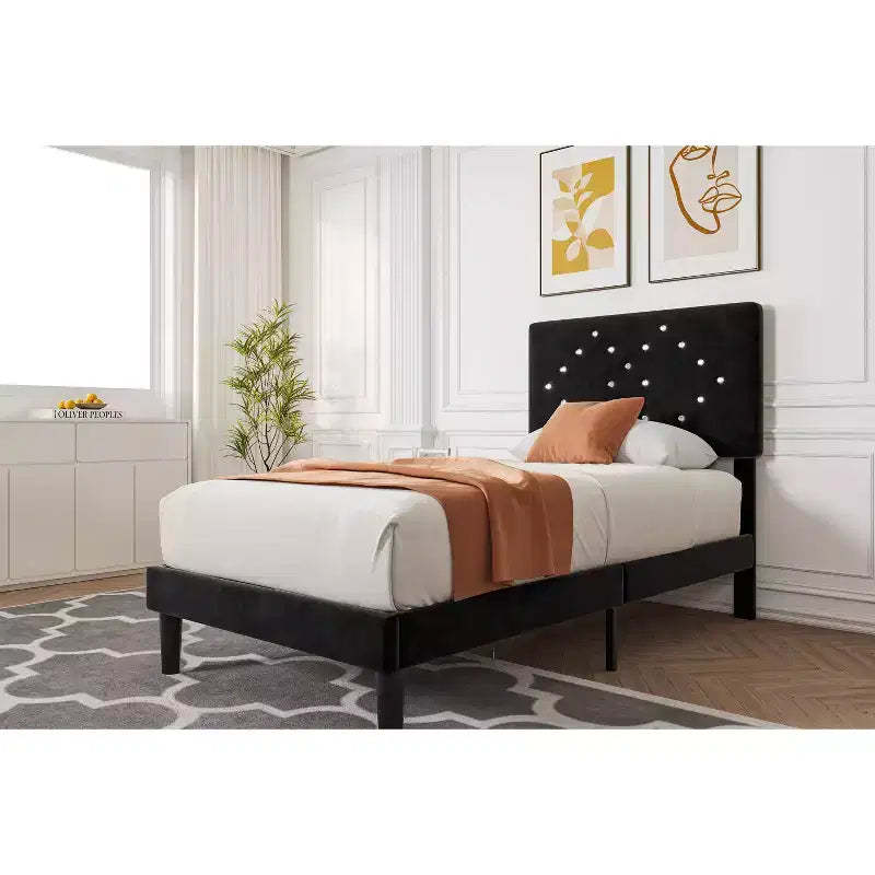 Bed Frames with Button Tufted Headboard, 2 Storage Drawers, Wooden Slat Support, No Box Spring Required, Easy Assembly