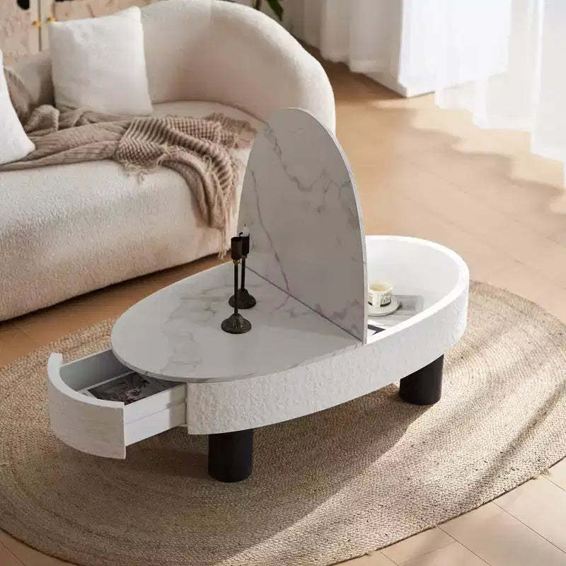 GDFStudio Juno Mid-Century Modern 47.20W Wooden Oval Coffee Table with Hidden Drawer and Storage Space